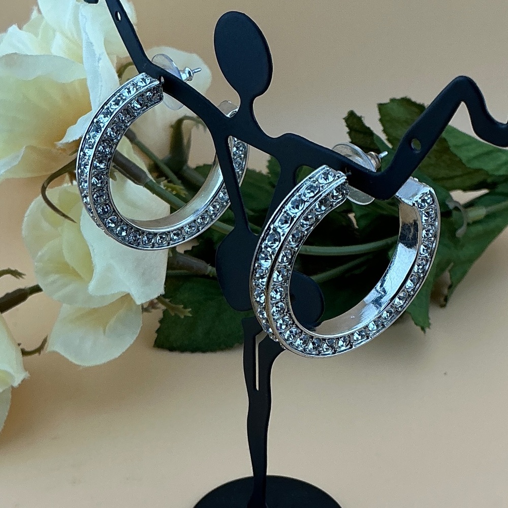 Hoop Earrings Post Silver Rhinestone - Picture 2 of 6